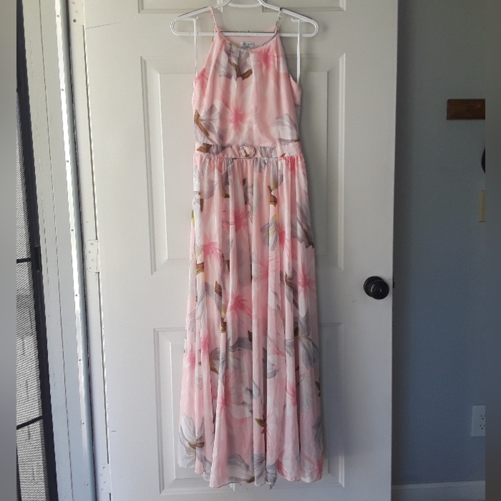 Pink White Floral Halter Long Dress.